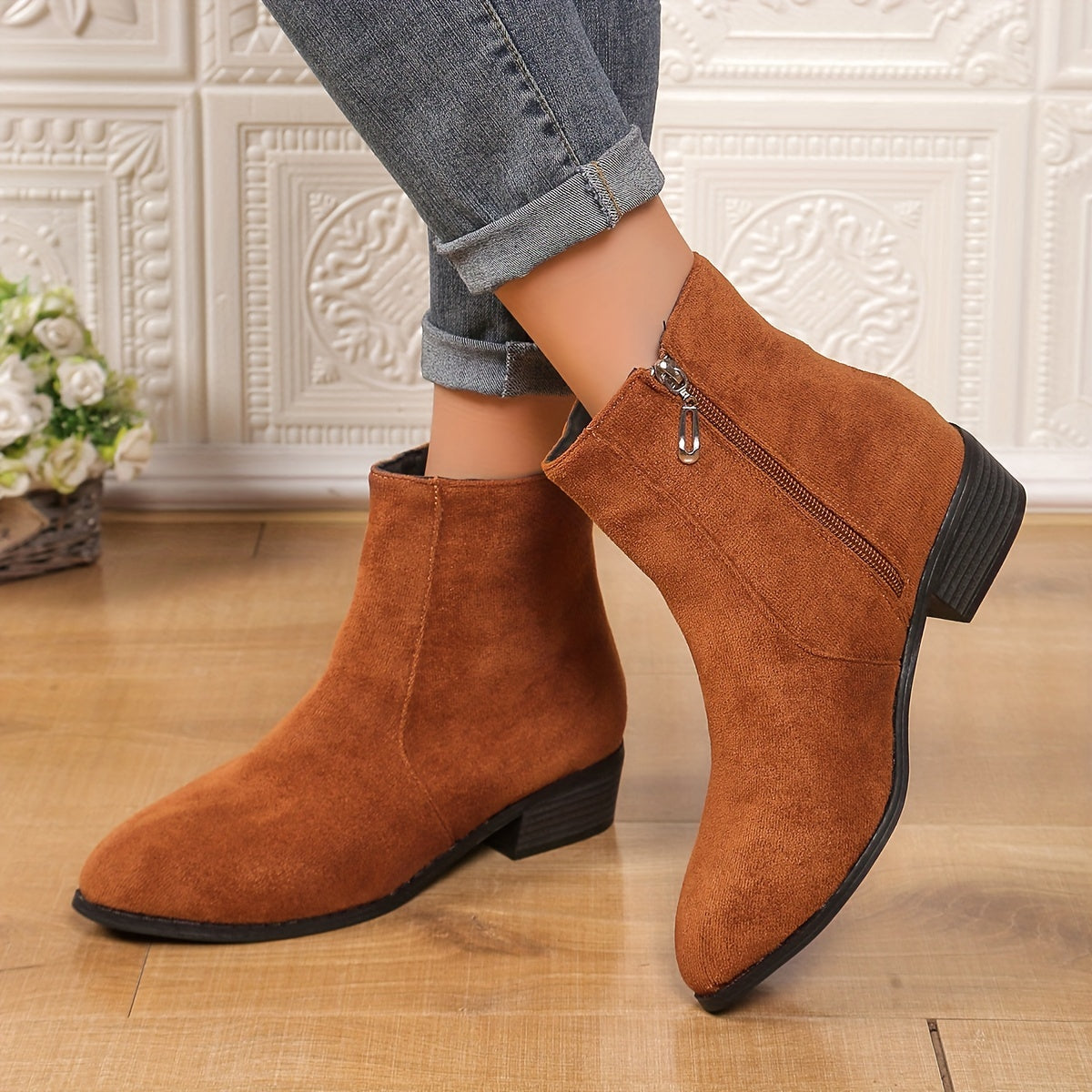 Women's Zipper Booties Retro Coarse Heel Leather Ankle Boots