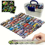 Set of 50 Friction-Powered Die-Cast Mini Rally Cars in Storage Box for Kids and Home Decor