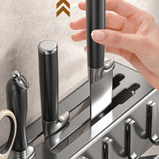 Wall-Mounted Kitchen Utensil Holder with Hooks, Metal and Plastic Storage Rack