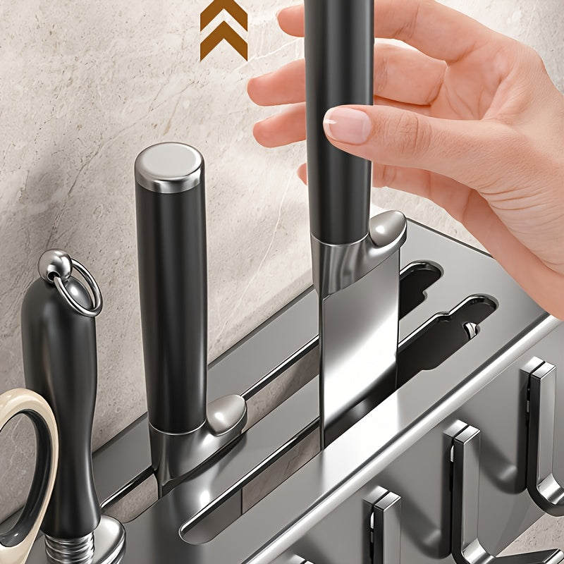 Wall-Mounted Kitchen Utensil Holder with Hooks, Metal and Plastic Storage Rack