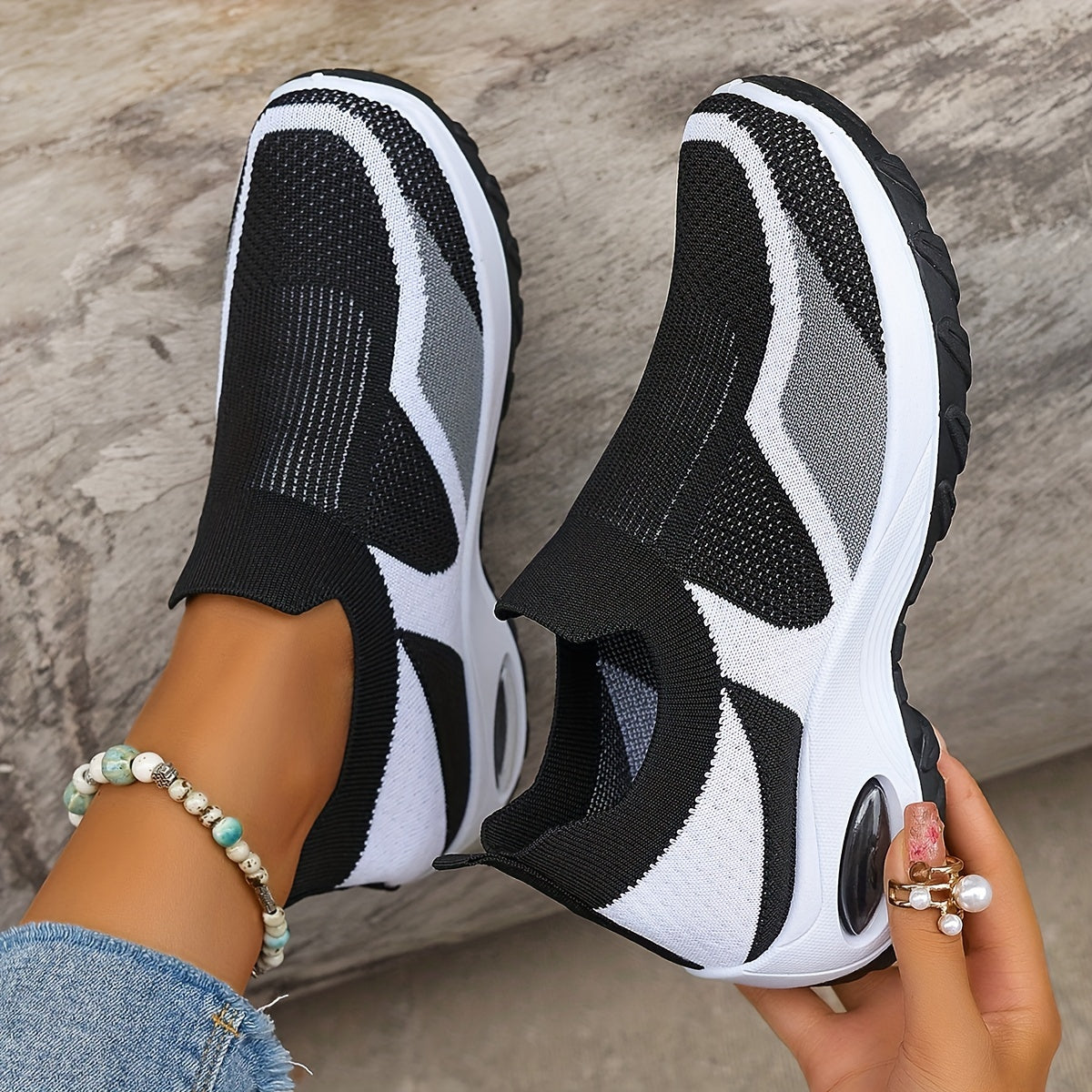 Ayollar uchun nafas oladigan to'qilgan chunky sneakers, kundalik slip-on sport poyafzallari