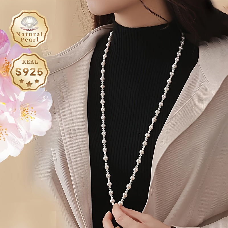Long Chain Pearl Necklace for Women with Freshwater Pearls and Silver 80cm