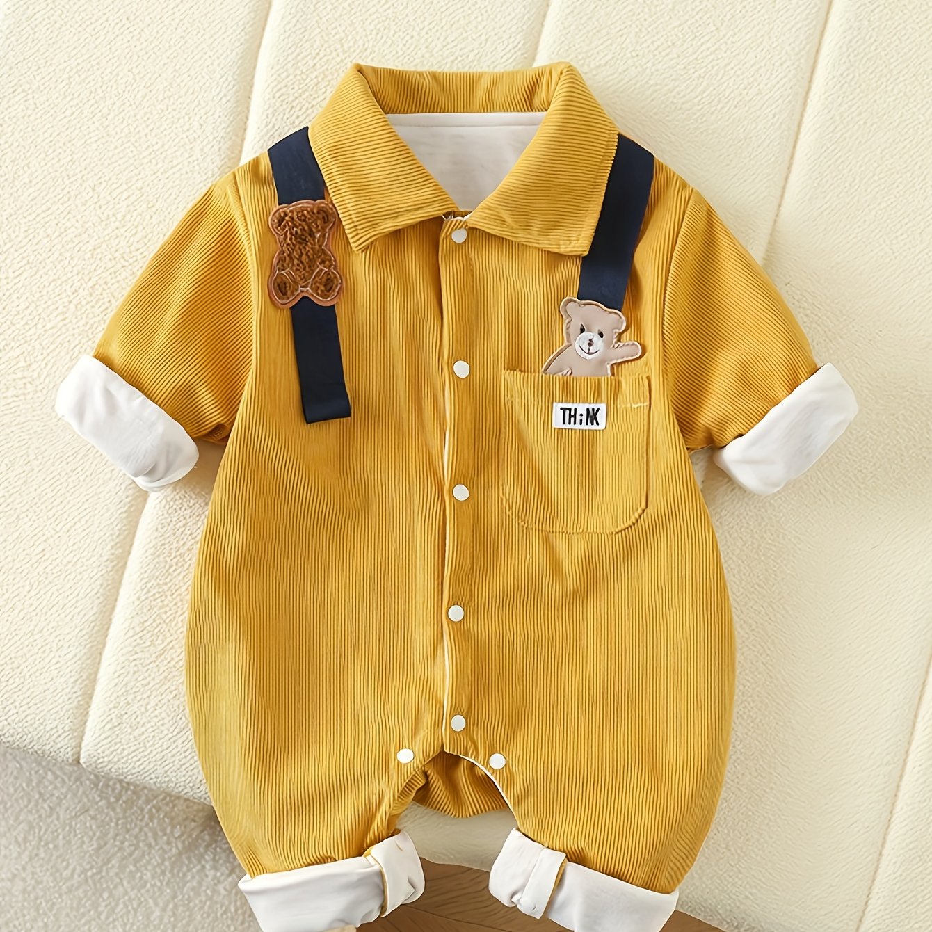 Baby Boy Romper Mustard Yellow Bear Patchwork Striped Straps Casual Spring Fall