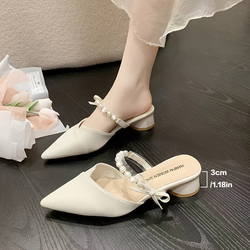 Women's Summer Mules with Faux Pearl Ankle Strap and Chunky Heel