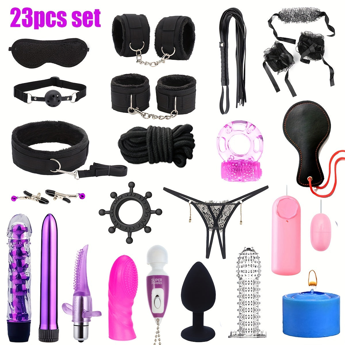 Adult Bondage Kit 23 Pieces, Metal and Silicone, BDSM Sex Toys for Couples