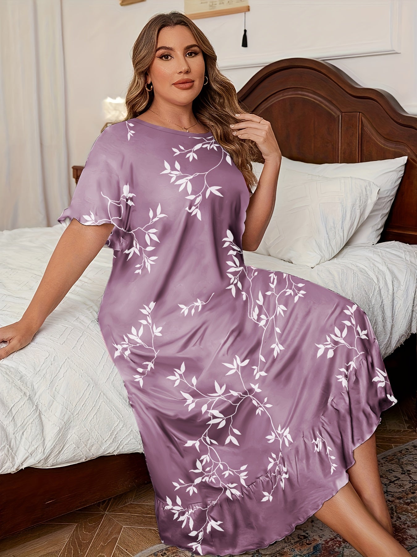 Plus Size Women's Floral Print Long Sleeve Sleep Dress with Pockets