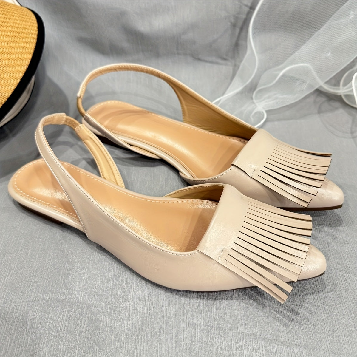 Women's Apricot Wide Fit Flat Sandals with Tassels, Comfortable Casual Shoes