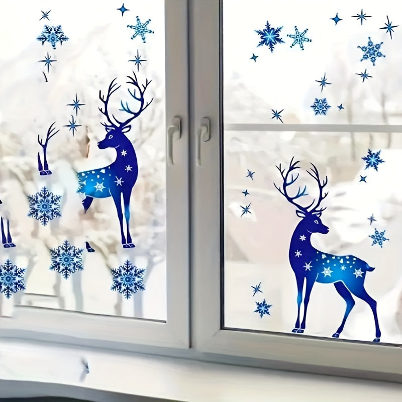 30 Pieces Blue Reindeer Snowflakes Static Cling Window Decals Holiday Decor