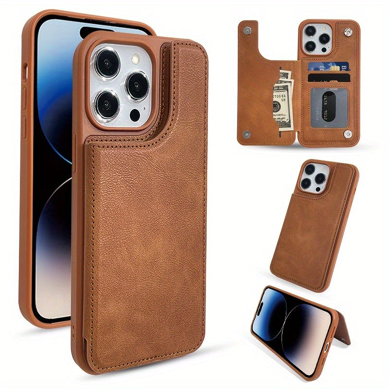 Faux Leather Phone Case with Card Wallet Magnetic Button for iPhone Models