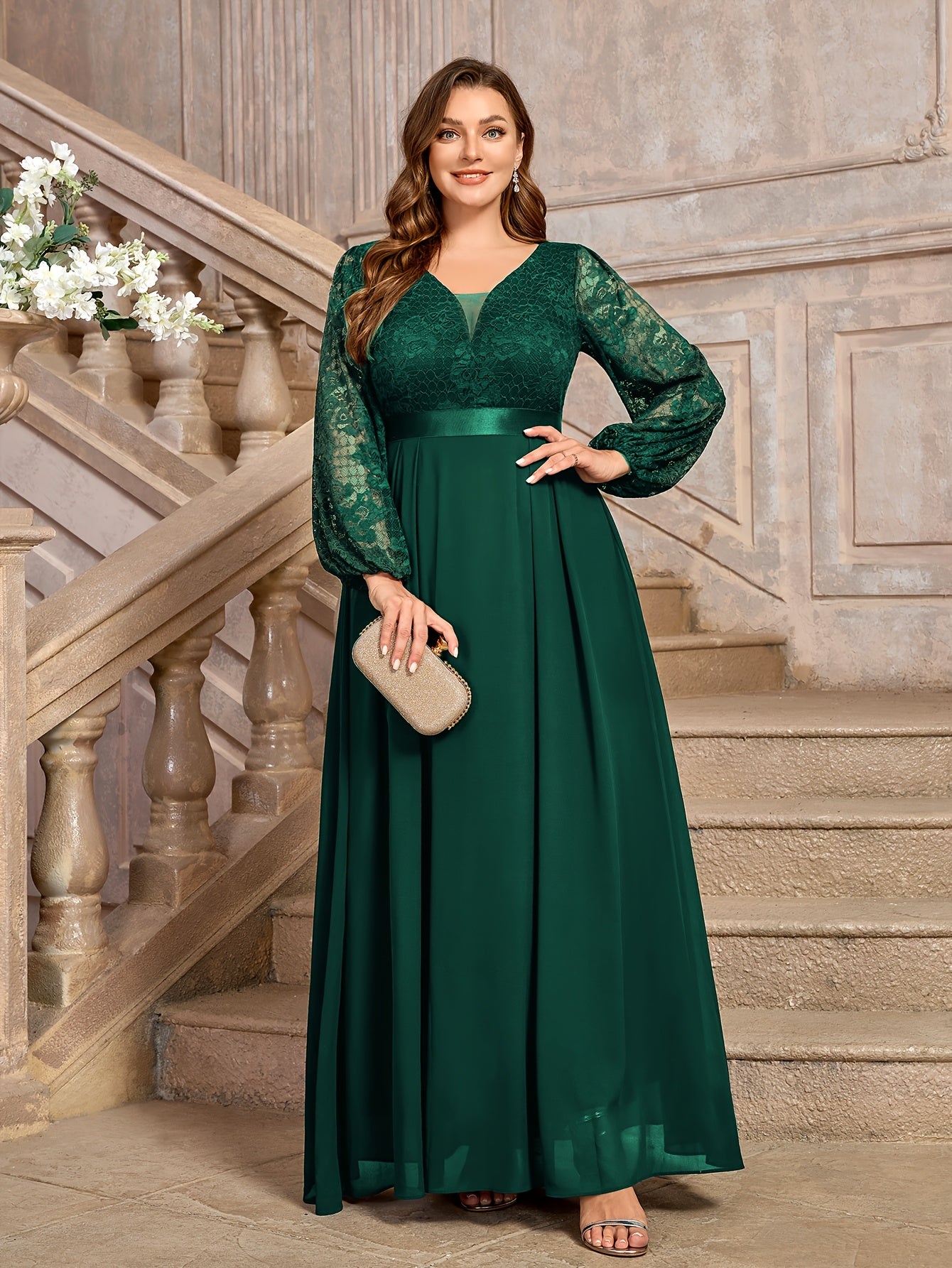 Plus Size Women's Floral Lace Chiffon Long Dress Evening Gown Formal Party