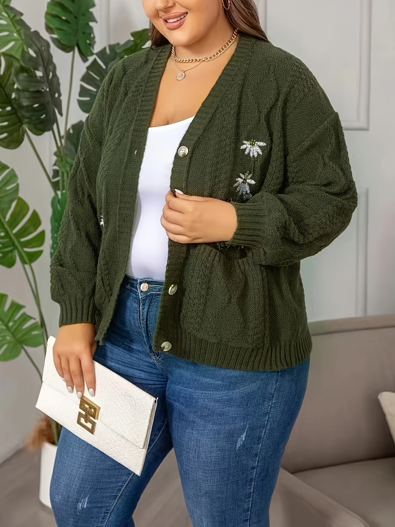 Plus Size Floral Knit Cardigan Womens Long Sleeve Fall Winter Casual