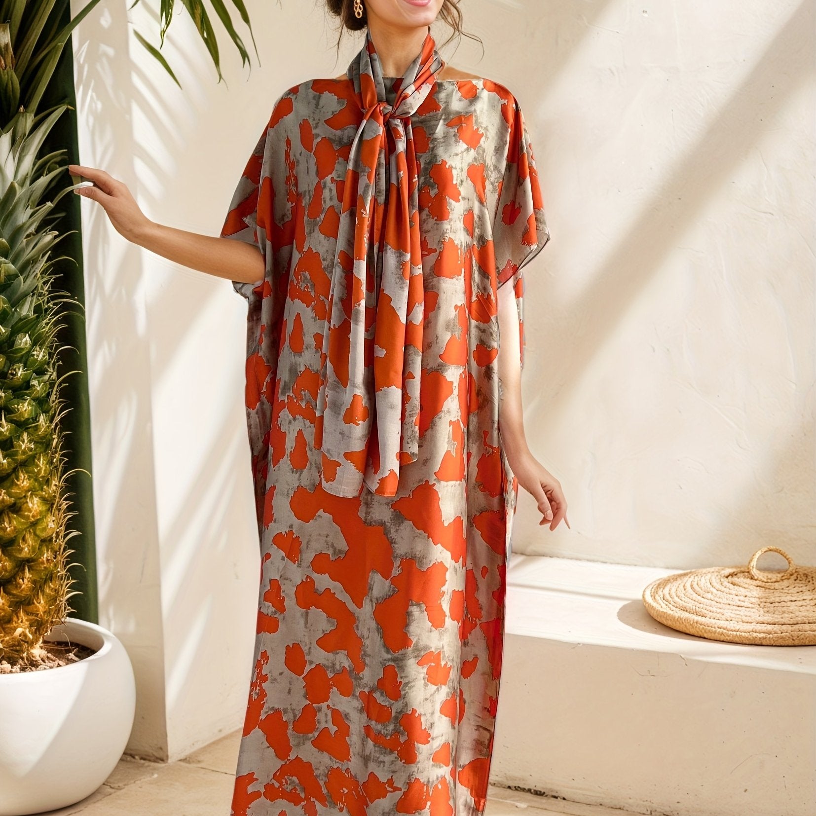 Ayollar uchun katta o'lchamli gullik bosma maxi kiyim va sharf, apelsin rangli nuqta bilan