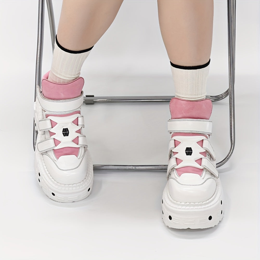 Unisex Retro Punk Platform Lace-Up Shoes Metallic Accents Mesh Casual Footwear