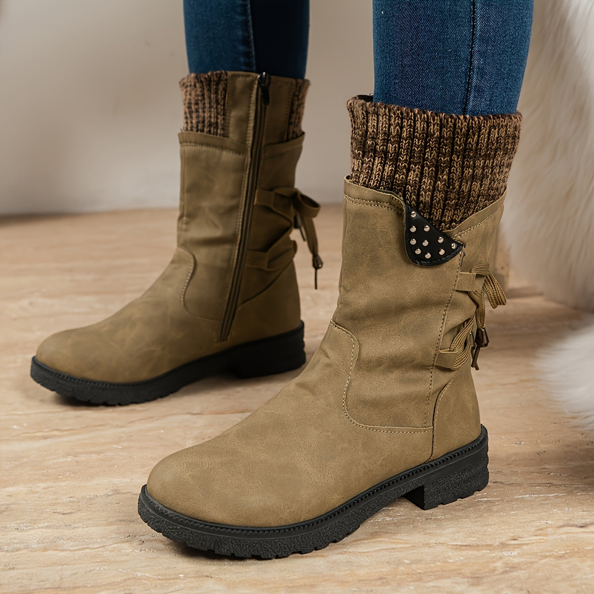 Plus-Size Women's Faux Leather Mid-Calf Boots with Low Heel and Bow