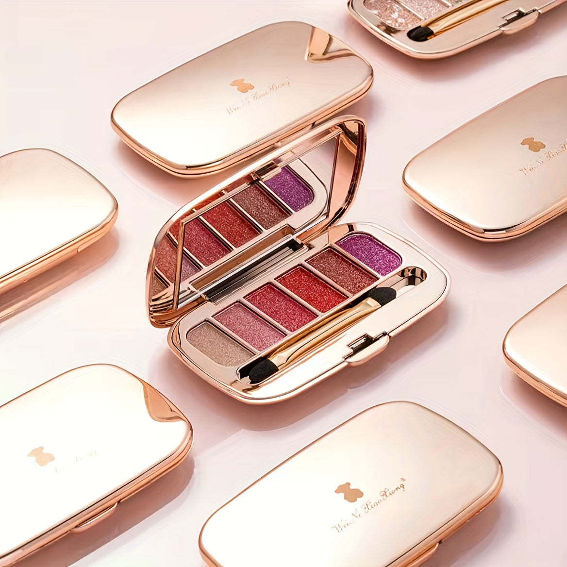 6-rangli olmos shaklidagi pearl yaltirashli ko'zoynak palitrasi, cho'tka va oynali shaffof porloq makiyaj