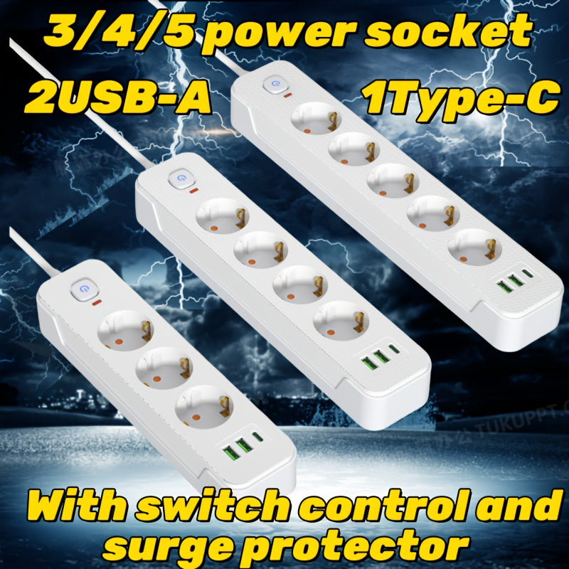 European Power Strip with 3-5 Outlets, USB and Type-C PD Fast Charging, Surge Protection