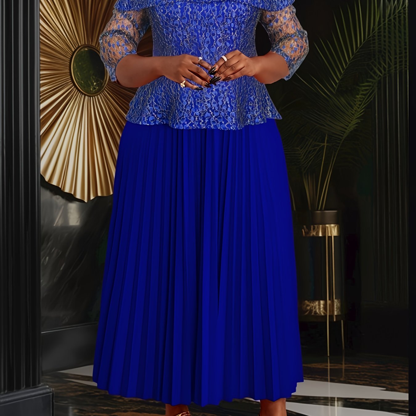 Women's Black Lace Trimmed A-Line Midi Dress with Pleats for Formal Events