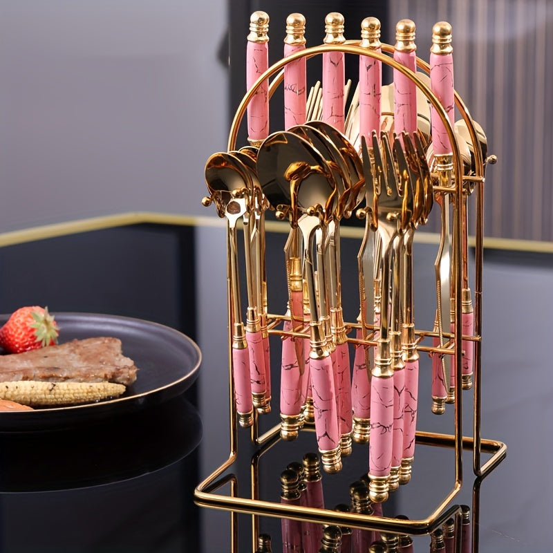 24-Piece Stainless Steel Tableware Set with Ceramic Handles for Hotel and Restaurant Dining