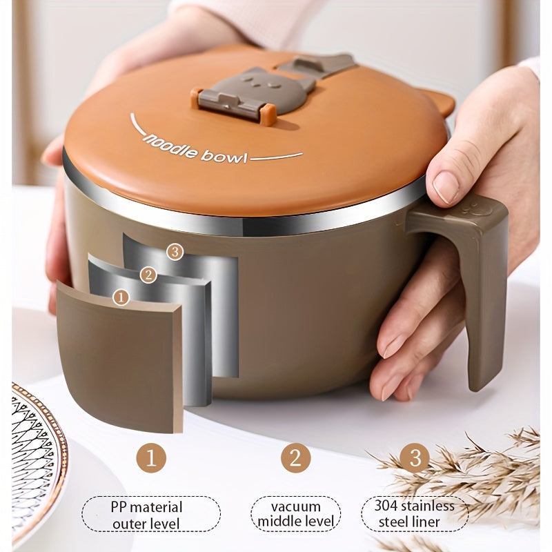 304 Stainless Steel Noodle Bowl with Lid Large Capacity Portable Tableware Anti-Scalding