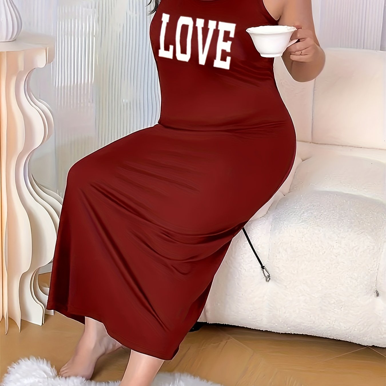 Plus Size Sleeveless Nightgown Maroon Love Letter Print Sleepwear for Women