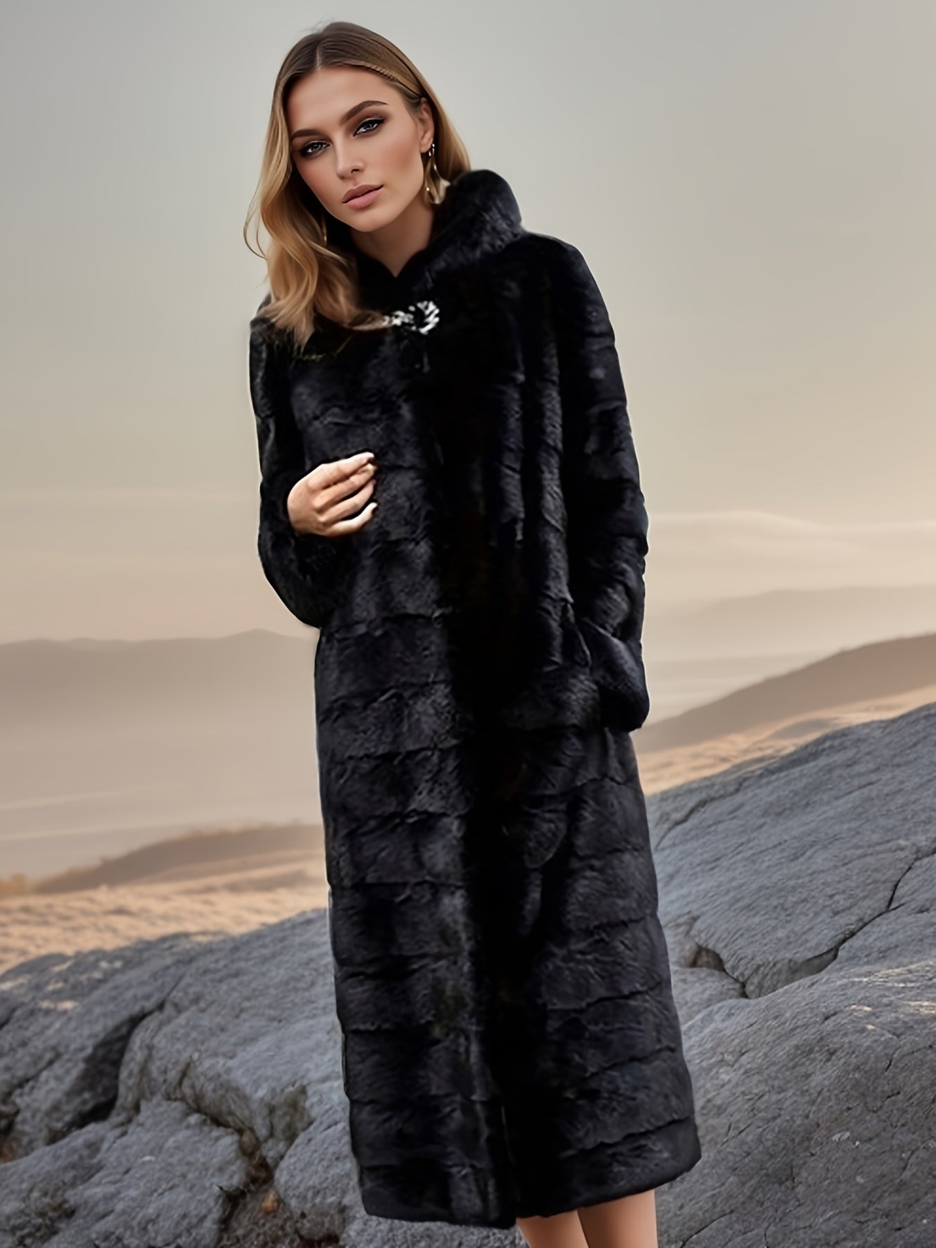 Plus Size Faux Fur Coat with Pockets and Hood for Winter
