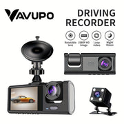 3-Channel Dash Cam with IR Night Vision 1080P HD Front Rear Loop Playback Wide Angle Display
