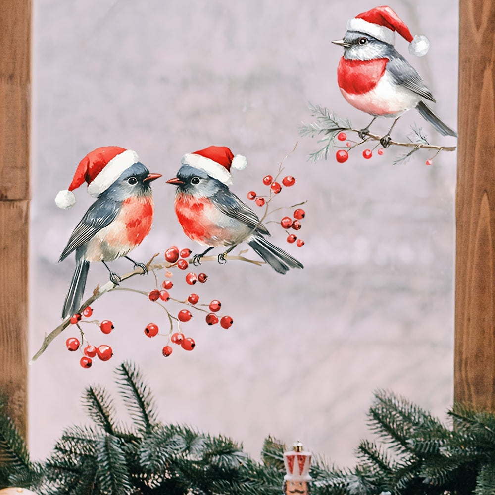 Decorative Christmas Window Decals Birds Red Berry Branches Glass Clings Self-Adhesive Holiday Decor