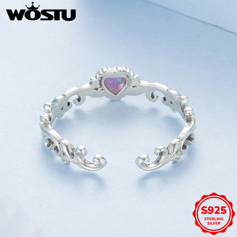 Sterling Silver Bohemian Heart-Shaped Floral Ring with Synthetic Opal for Women