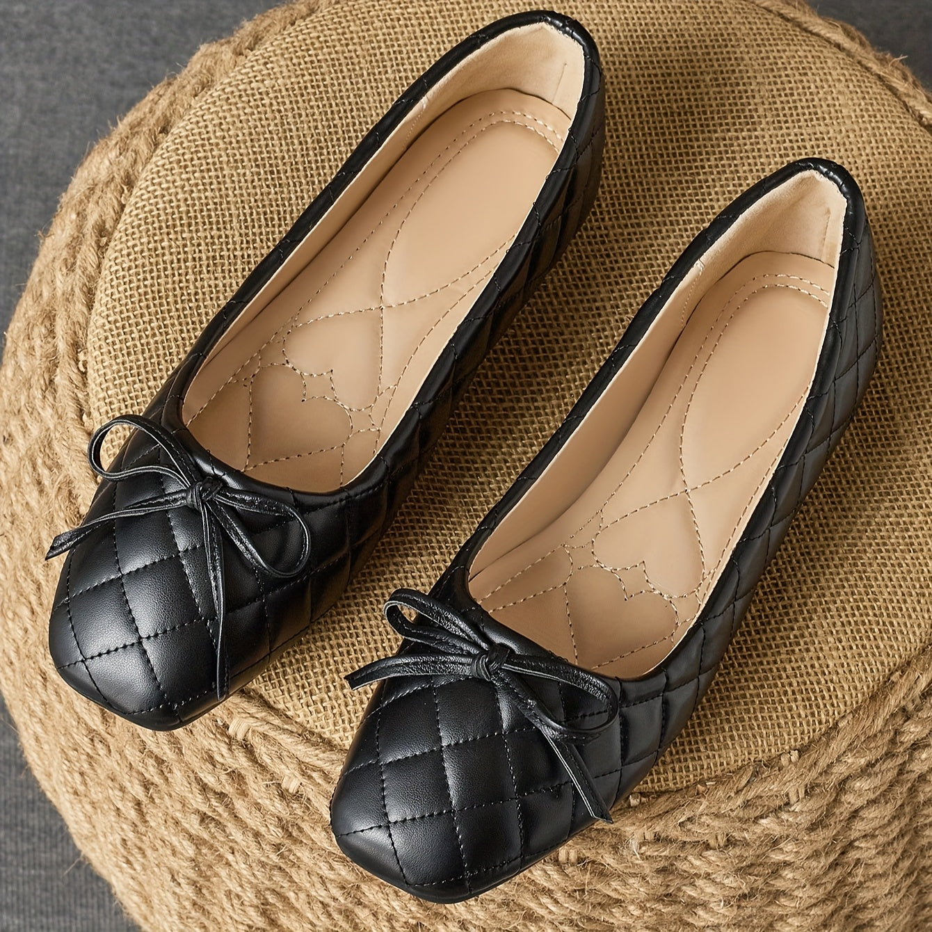 Women’s Black Quilted Slip-On Flats with Bow, Non-Slip Soft Sole