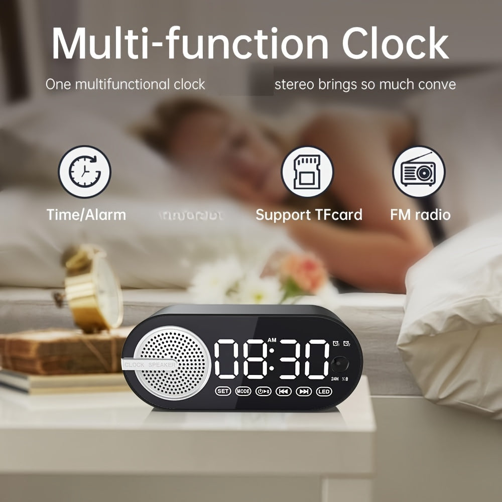 Беспроводная колонка с LED-зеркальным дисплеем, будильником, ярким атмосферным освещением, мощным басом, FM-радио, зарядкой через USB, одним динамиком, не водонепроницаемая, с перезаряжаемой батареей.