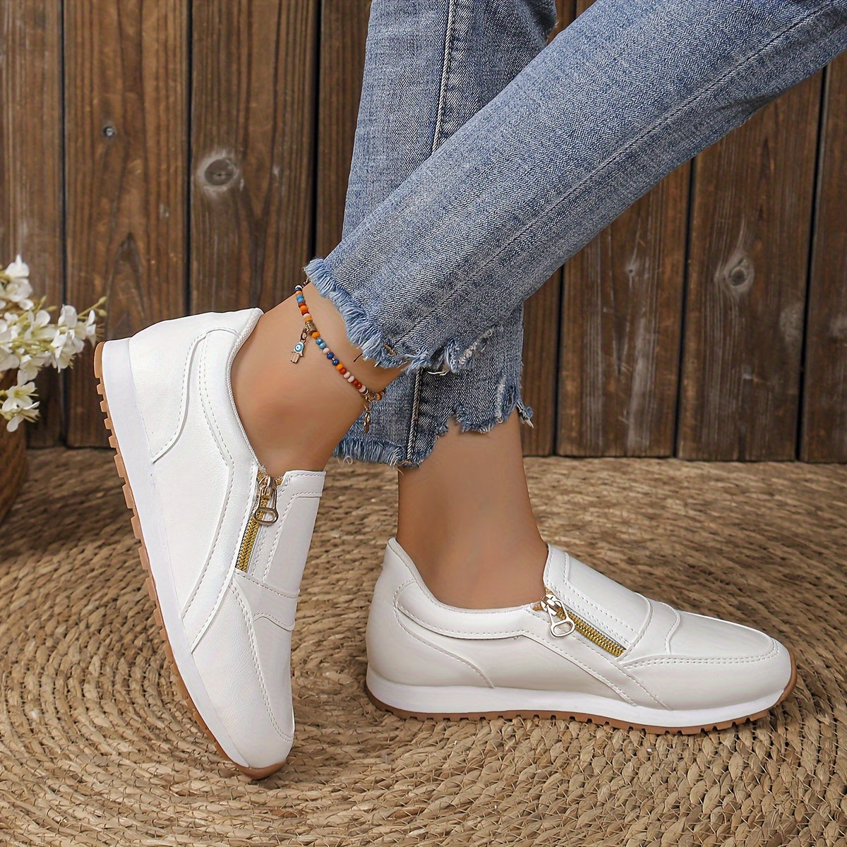 Women's White Slip-On Sneakers with Zipper, Breathable Low-Top Casual