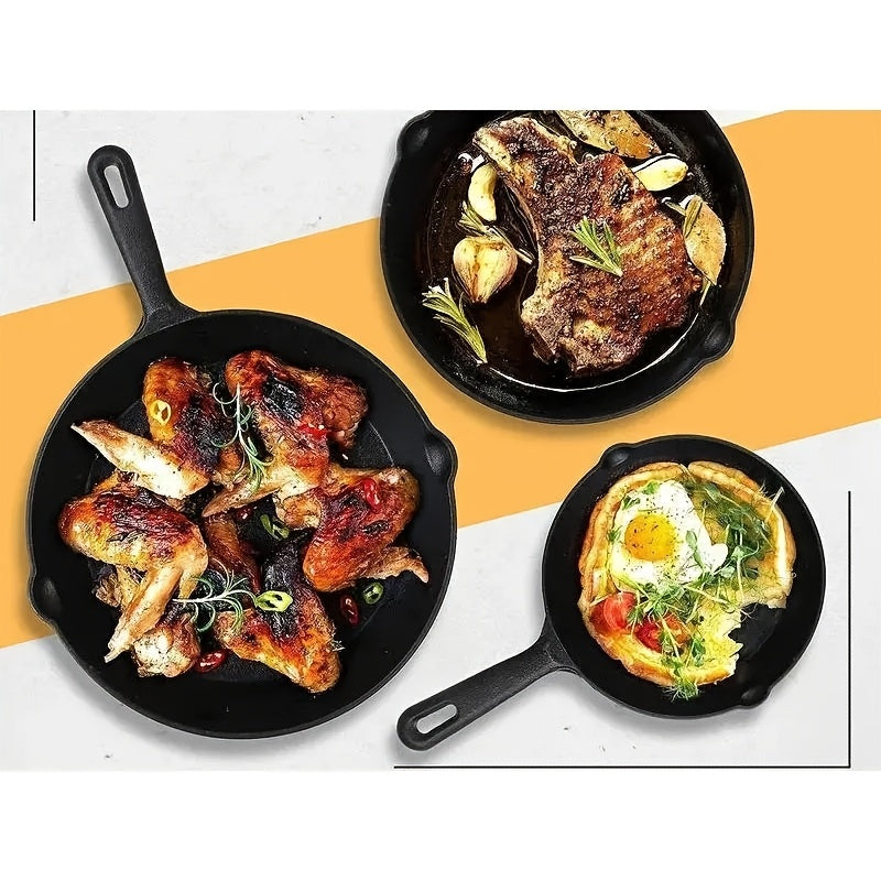 Juego de utensilios de cocina de hierro fundido de 3 piezas: sartén, parrilla y sartén para asar a la parrilla y saltear