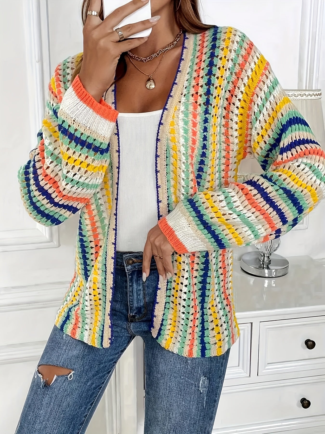 Plus Size Women's Striped Long Sleeve Cardigan Sweater Open Front Lace Detailing