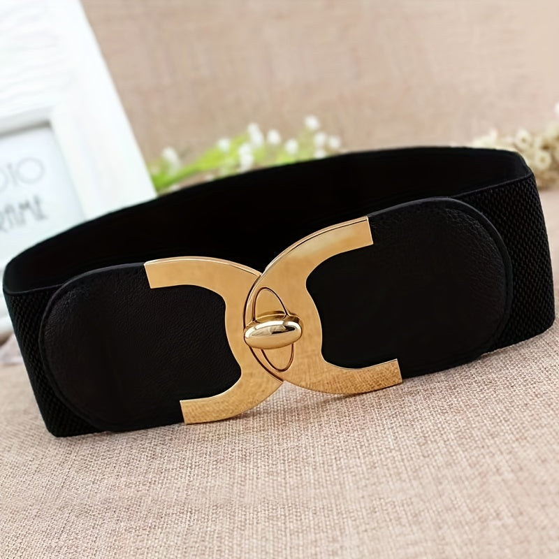 Ayollar uchun keng kamar, ikkilamchi C-buclesli elastik PU moda aksessuari