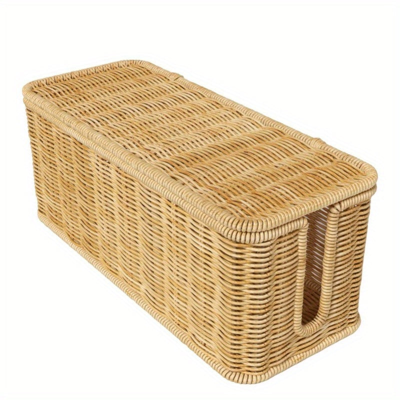 Hand-Woven Imitation Rattan Cable Management Box with Cover for Desk Organizer
