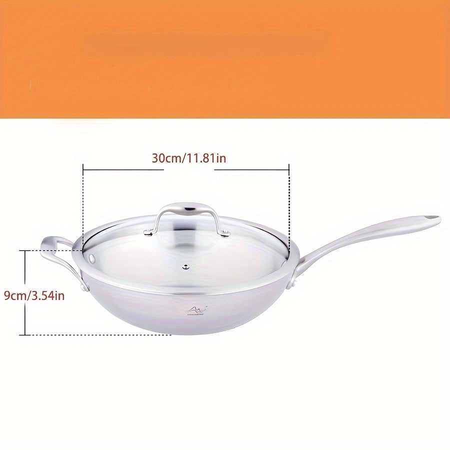 Wok de acero inoxidable de 30cm con triple capa y tapa para cocción a gas y inducción