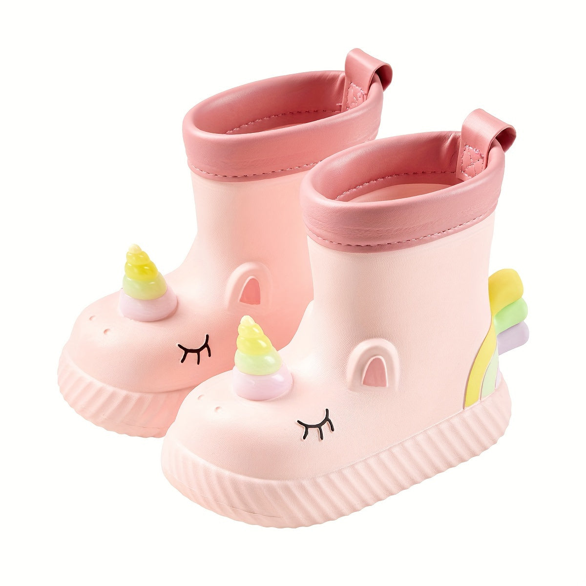 Kids Girls Pink and White Cartoon Unicorn Waterproof Rain Boots Slip-On Non-Slip Short Outdoor Hiking Toddler