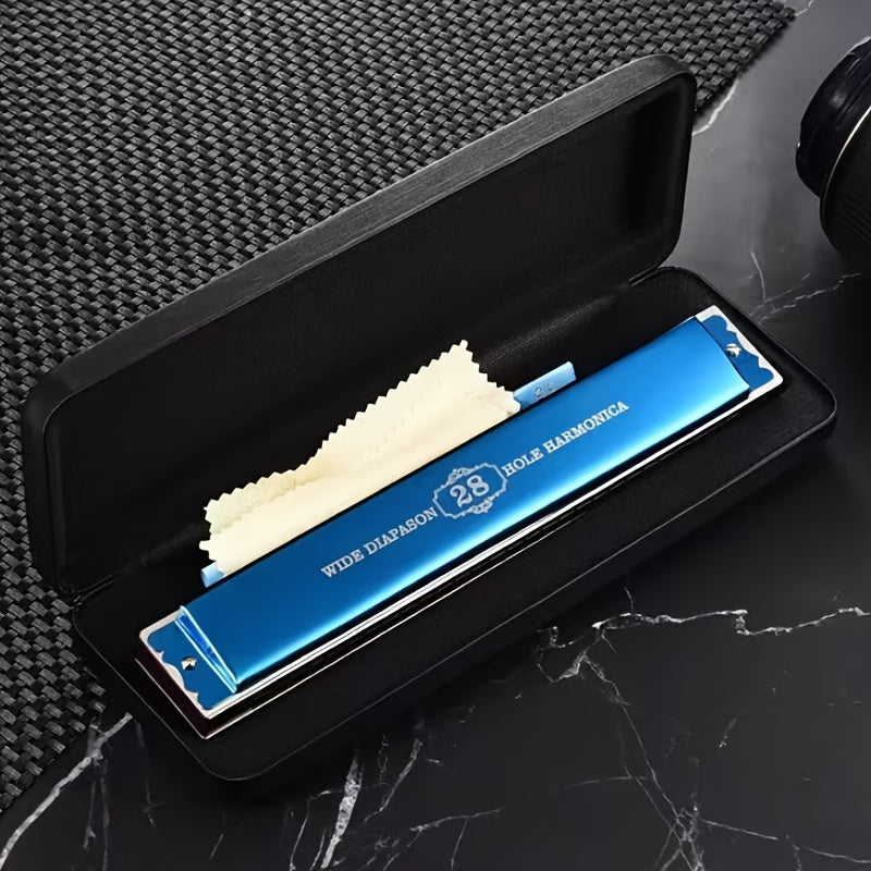Professional 28-Hole Blues Harmonica Metal Brass Core Polished Blue Black Finish with Case