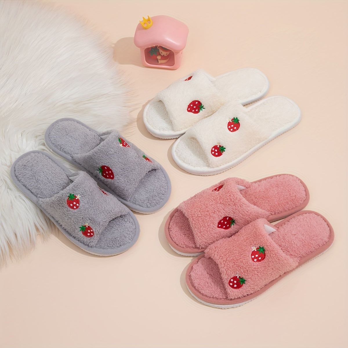 Women’s Strawberry Embroidered Open-Toe Slippers with Non-Slip EVA Sole