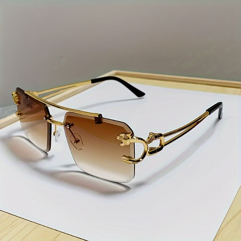 Men's Square Frameless Sunglasses with Gold Tiger Head Decoration for Driving and Eye Protection