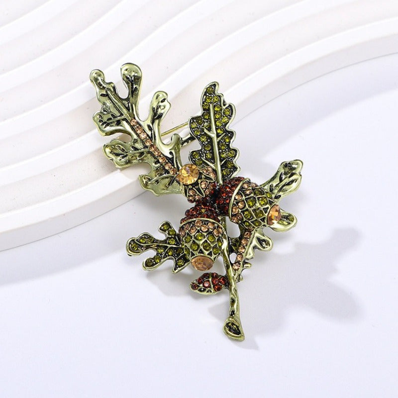Luxury Litchi Branch Brooch Pin with Rhinestones and Vintage Leaves for Women