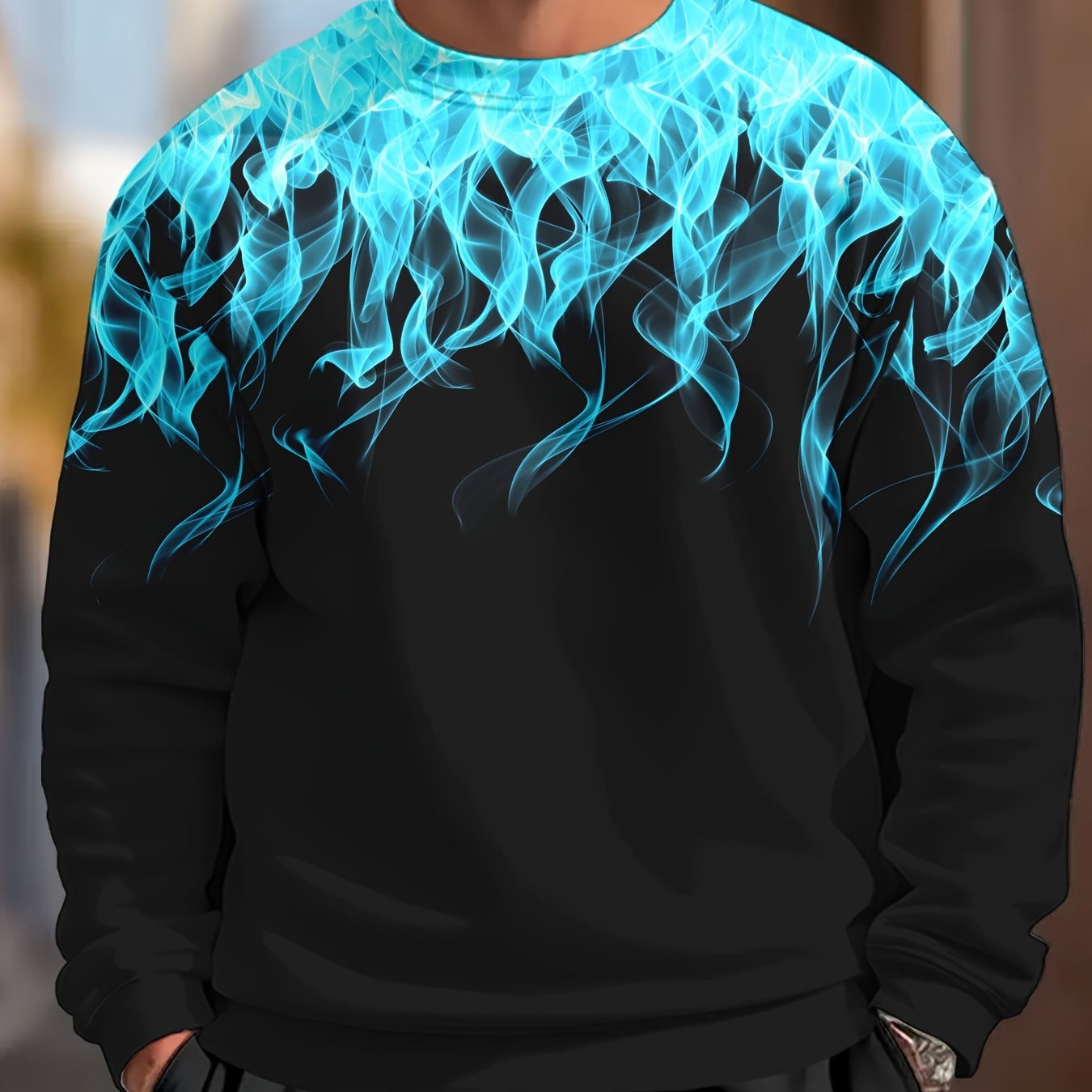 Men's Plus Size Casual Sweatshirt with Blue Flame Print Polyester Blend Fall Winter