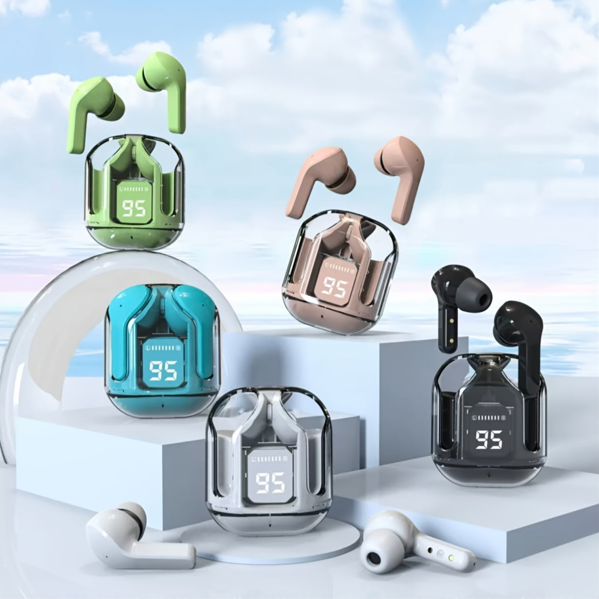 Wireless Mini Earbuds with LED Display Transparent Charging Case for On-the-Go Use