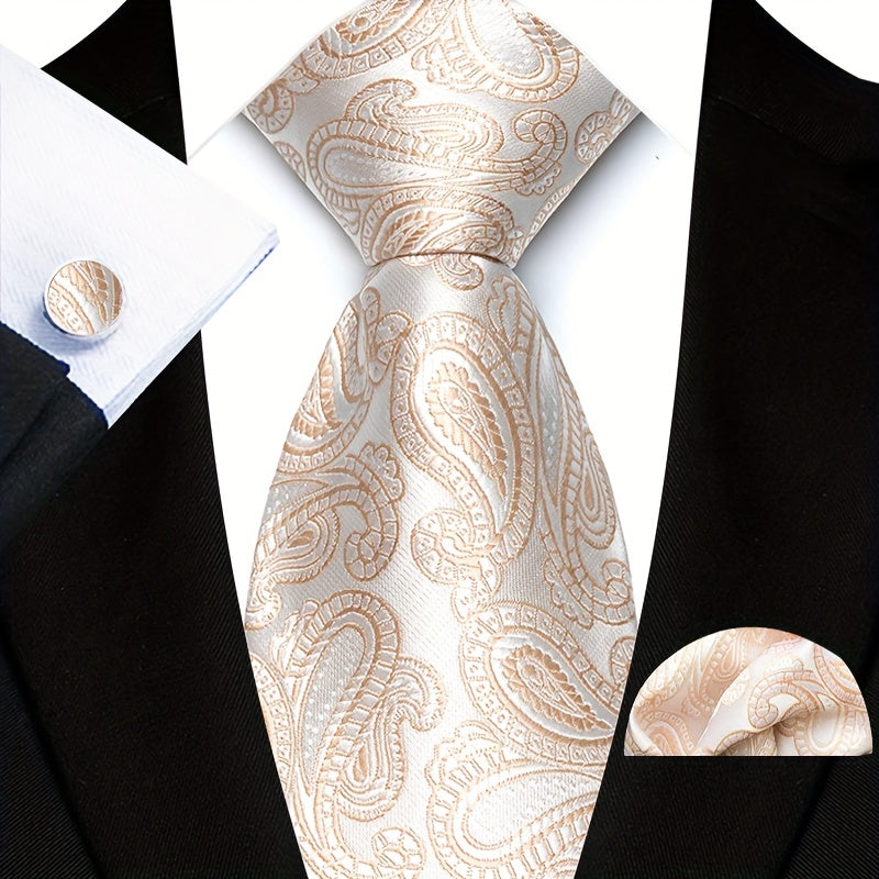 Men's Suit Set with Tie, Pocket Square and Cufflinks in Stripe and Paisley Design