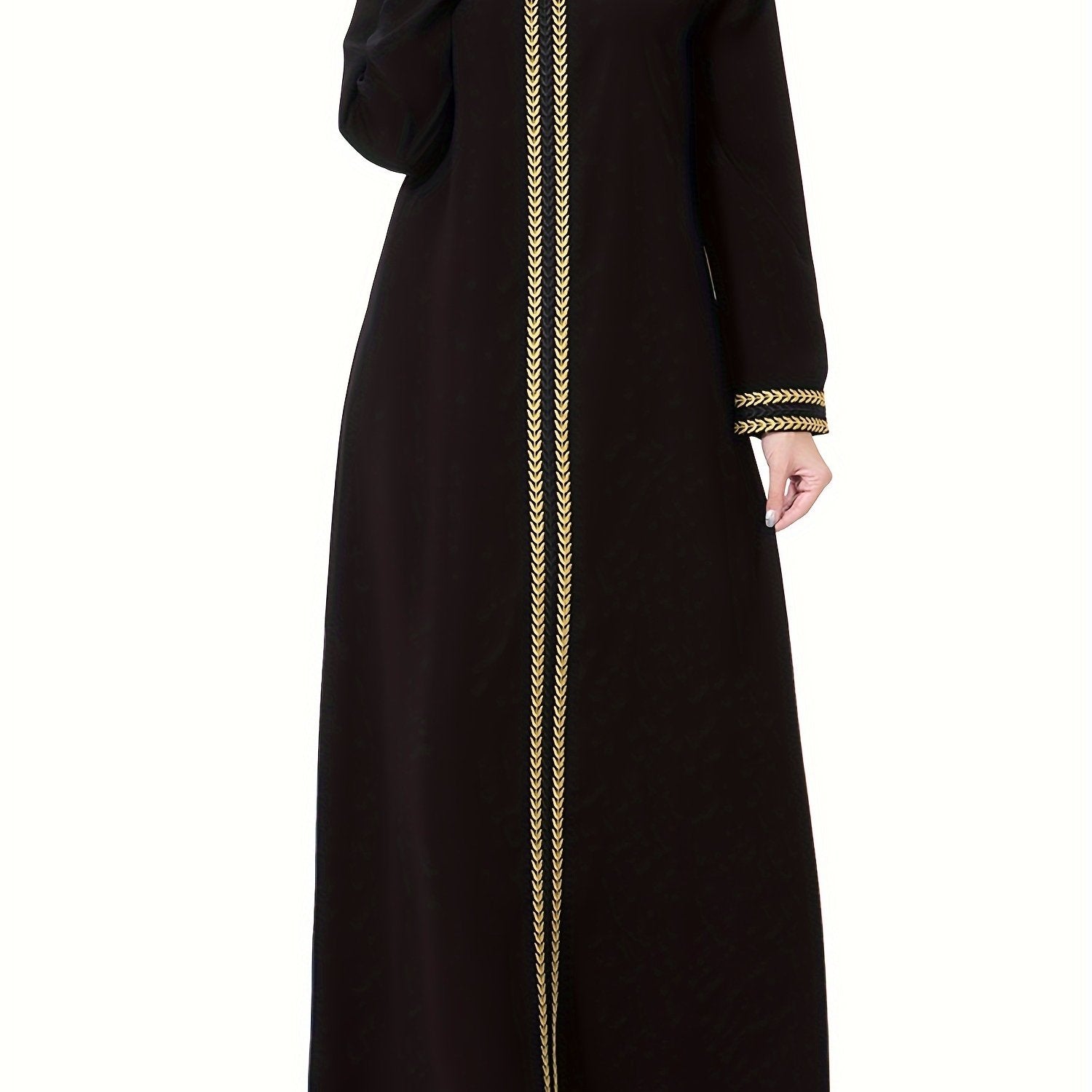 Modest Ramadan Dress with Golden Trim Long Sleeves Woven Polyester