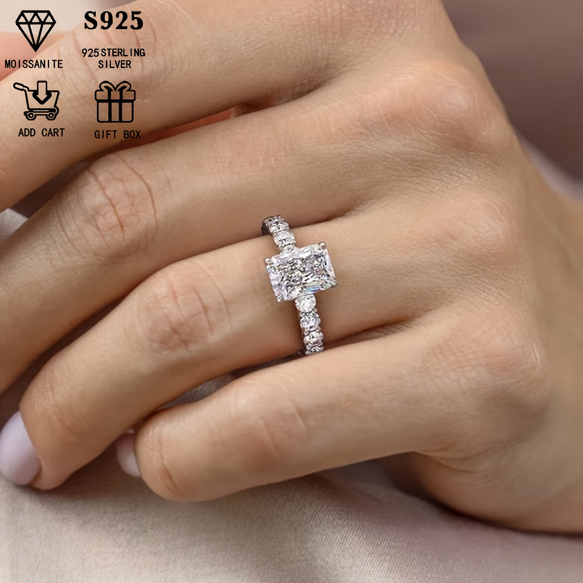 Women’s 2ct Moissanite Engagement Ring Silver April Birthstone Wedding Anniversary Gift