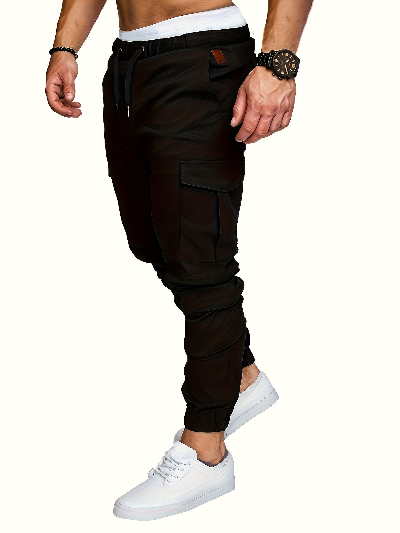 Men's Cargo Pants Set Cotton Solid Color Drawstring Waist Regular Fit All-Season