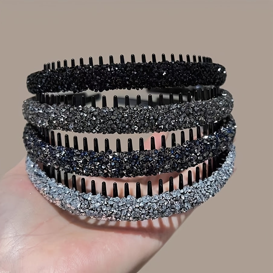 Set of 3 Elegant Rhinestone Non-Slip Headbands for Women with Teeth for Styling and Hair Washing