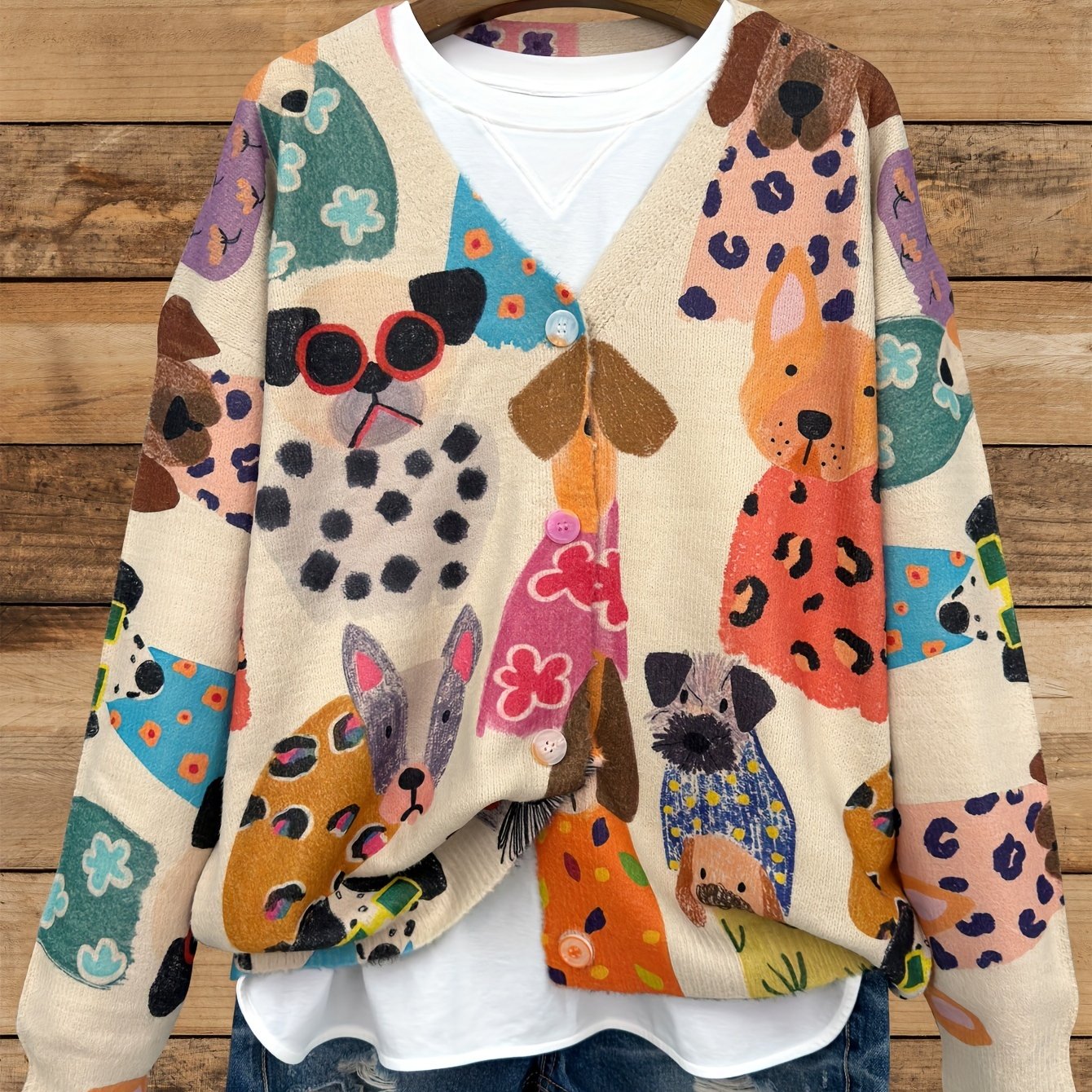Plus Size Women's V-Neck Long Sleeve Cardigan Knit Sweater With Dog Print
