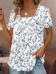 Plus Size Women's 3D Printed Floral Cotton T-Shirt Short Sleeve Blue White All-Season